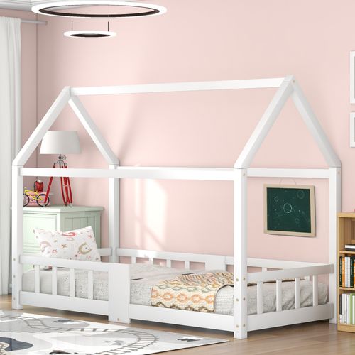 Lit Enfant 90 X 200 Cm - Lit Cabane Avec Sommier Et Plateau Noir - Fiable Et Stable - Blanc