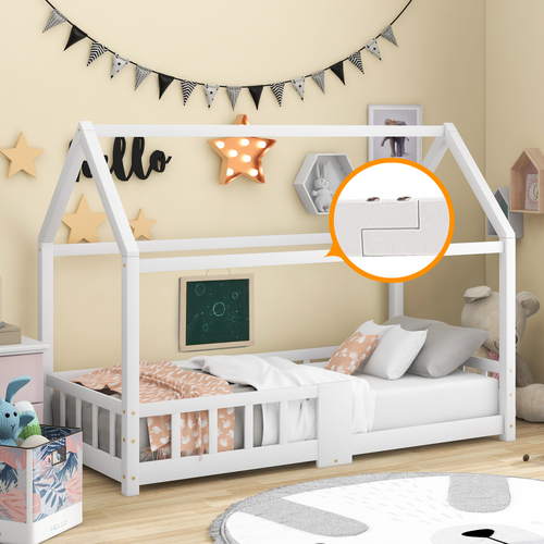 Lit Enfant 90 X 200 Cm - Lit Cabane Avec Sommier Et Plateau Noir - Fiable Et Stable - Blanc