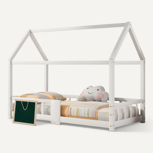 Lit Enfant 90 X 200 Cm - Lit Cabane Avec Sommier Et Plateau Noir - Fiable Et Stable - Blanc