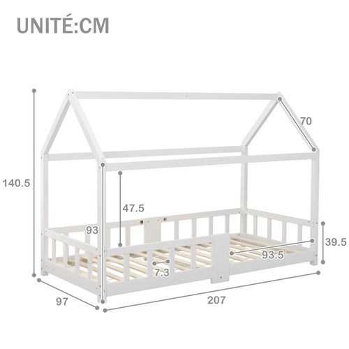 Lit Enfant 90 X 200 Cm - Lit Cabane Avec Sommier Et Plateau Noir - Fiable Et Stable - Blanc