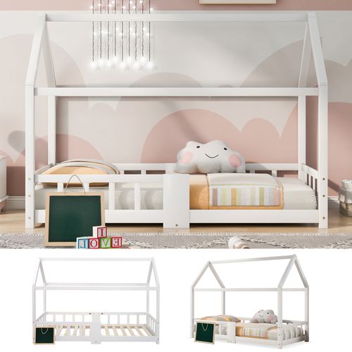Lit Enfant 90 X 200 Cm - Lit Cabane Avec Sommier Et Plateau Noir - Fiable Et Stable - Blanc