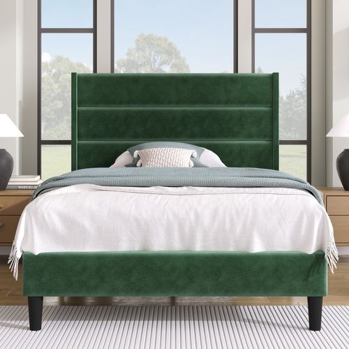Lit Simple 90x200 Cm Rembourré Avec Sommier à Lattes -Velour - Vert Foncé