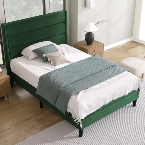 Lit Simple 90x200 Cm Rembourré Avec Sommier à Lattes -Velour - Vert Foncé