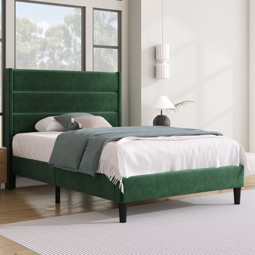 Lit Simple 90x200 Cm Rembourré Avec Sommier à Lattes -Velour - Vert Foncé