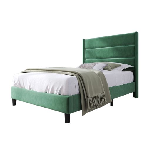 Lit Simple 90x200 Cm Rembourré Avec Sommier à Lattes -Velour - Vert Foncé
