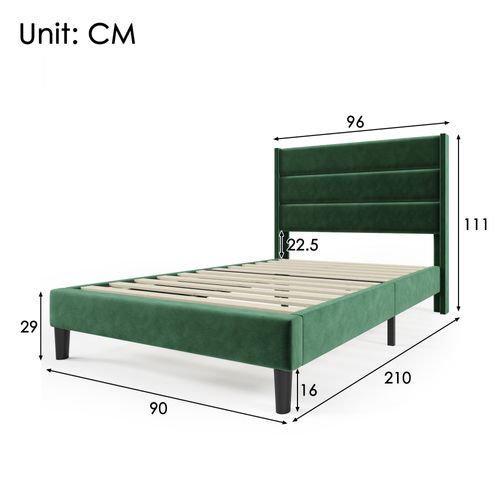 Lit Simple 90x200 Cm Rembourré Avec Sommier à Lattes -Velour - Vert Foncé
