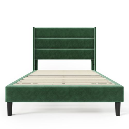 Lit Simple 90x200 Cm Rembourré Avec Sommier à Lattes -Velour - Vert Foncé