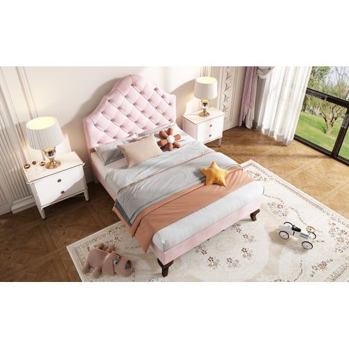 Lit Simple 90x200 Cm - Lit Ado Capitonné Avec Tête Réglable - Style Contemporain - Velours - Rose