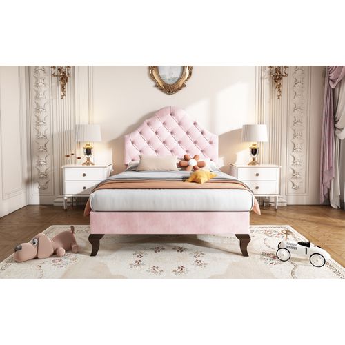 Lit Simple 90x200 Cm - Lit Ado Capitonné Avec Tête Réglable - Style Contemporain - Velours - Rose