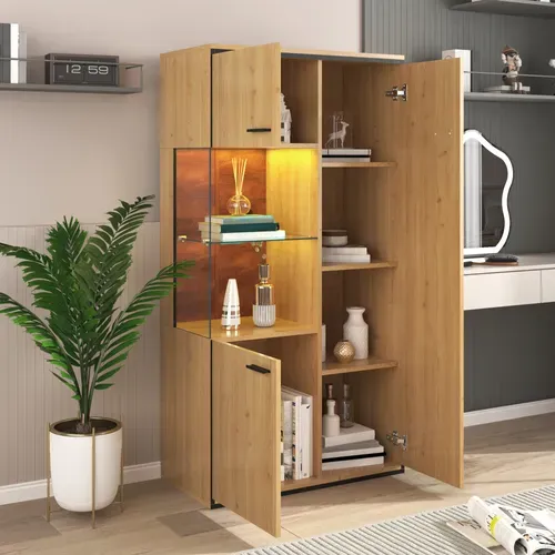 Vitrines Bibliothèques Avec Éclairage LED 15 S Et Étagères En Verre - 78x40x150 Cm - Naturel