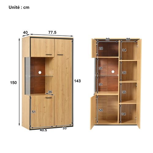 Vitrines Bibliothèques Avec Éclairage LED 15 S Et Étagères En Verre - 78x40x150 Cm - Naturel