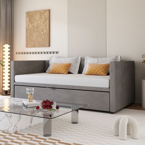 Lit Gigogne 90/180x200 - Lit Gain De Place - Tiroir Intégré - Design Fonctionnel - Gris