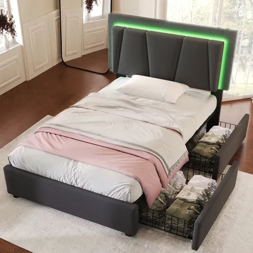 Lit Simple 90x200 Cm Avec Éclairage LED Et 2 Tiroirs - Lit Capitonné Réglable - Gris