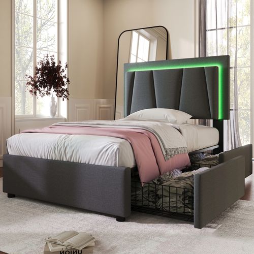 Lit Simple 90x200 Cm Avec Éclairage LED Et 2 Tiroirs - Lit Capitonné Réglable - Gris
