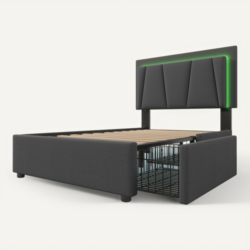 Lit Simple 90x200 Cm Avec Éclairage LED Et 2 Tiroirs - Lit Capitonné Réglable - Gris