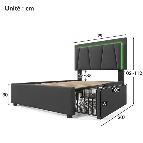 Lit Simple 90x200 Cm Avec Éclairage LED Et 2 Tiroirs - Lit Capitonné Réglable - Gris