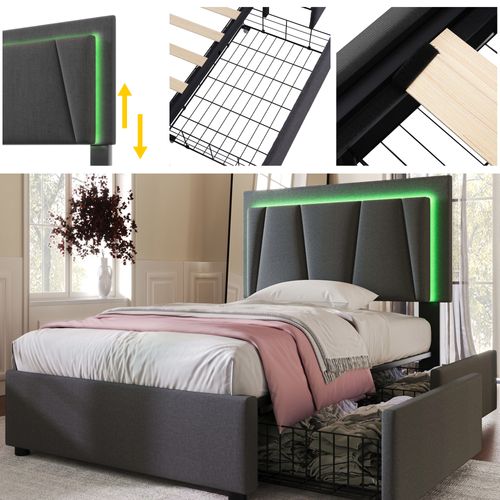 Lit Simple 90x200 Cm Avec Éclairage LED Et 2 Tiroirs - Lit Capitonné Réglable - Gris