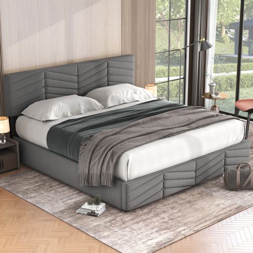 Lit Coffre 160x200 Cm - Lit Double Rembourré Avec Sommier à Lattes - Velours - Gris