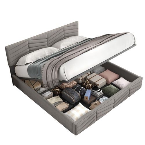 Lit Coffre 160x200 Cm - Lit Double Rembourré Avec Sommier à Lattes - Velours - Gris