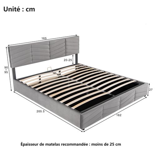 Lit Coffre 160x200 Cm - Lit Double Rembourré Avec Sommier à Lattes - Velours - Gris