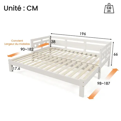 Lit Gigogne 90x190 Cm - Lit Banquette Design Cœur - Mdf - Blanc