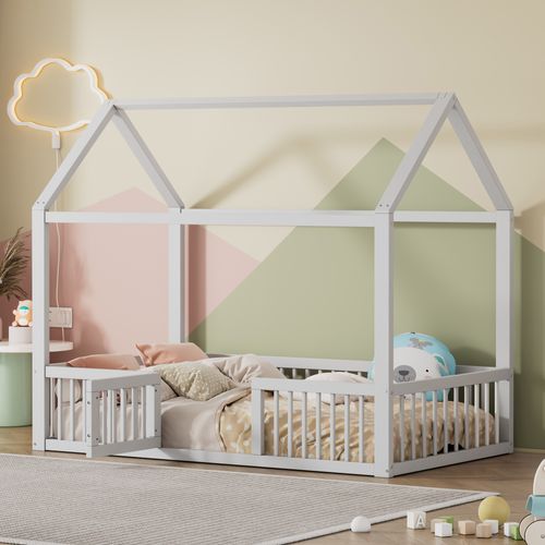 Lit Cabane 90 X 200 Cm - Lit Enfant Avec Porte Et Sommier à Lattes - Structure Stable - Blanc