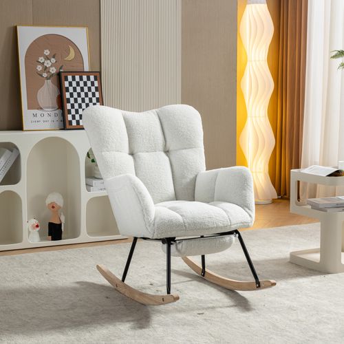 Fauteuil à Bascule Relax - Repose-pieds - Dossier Haut - Fauteuil Confortable - Tissu Teddy - Blanc