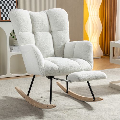 Fauteuil à Bascule Relax - Repose-pieds - Dossier Haut - Fauteuil Confortable - Tissu Teddy - Blanc