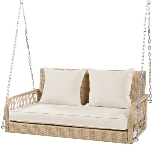 Balancelle - 2 Places - Housse Amovible Et Lavable - Rotin - Coussin D’assise Et De Dossier Beige