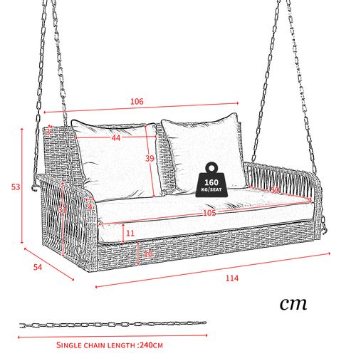Balancelle -2 Places - Housse Amovible Et Lavable - Rotin Gris - Coussin D’assise Et De Dossier Gris