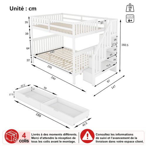 Lit Superposé 140x200 Cm - Rangement Escalier - 2 Tiroirs - Structure Fiable - Blanc