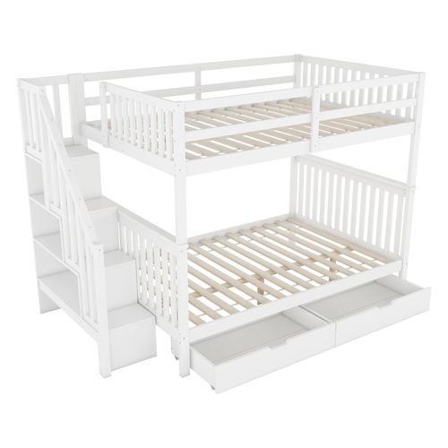 Lit Superposé 140x200 Cm - Rangement Escalier - 2 Tiroirs - Structure Fiable - Blanc