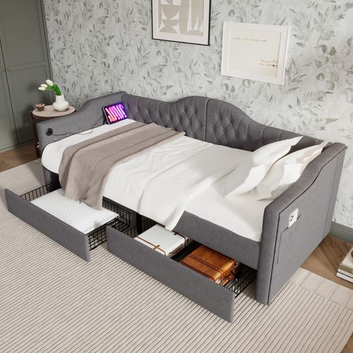 Lit Combiné 90 X 200 Cm - Lit Avec Accoudoirs En Nuage Et Rangement - Velours Gris