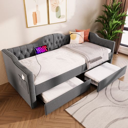 Lit Combiné 90 X 200 Cm - Lit Avec Accoudoirs En Nuage Et Rangement - Velours Gris