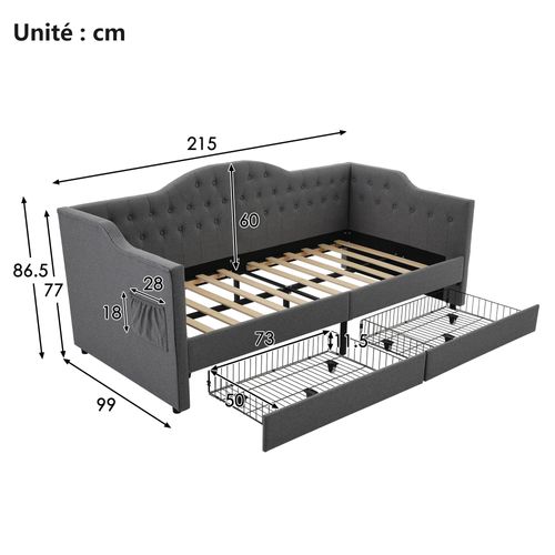 Lit Combiné 90 X 200 Cm - Lit Avec Accoudoirs En Nuage Et Rangement - Velours Gris