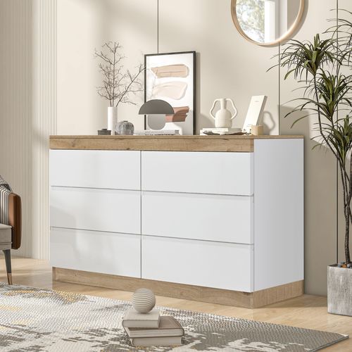 Commode - Meuble De Rangement 6 Tiroirs Spacieux - Design Moderne - Chêne - Blanc