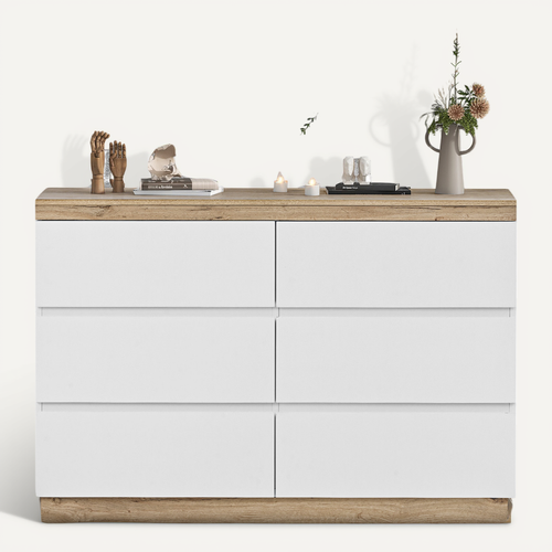 Commode - Meuble De Rangement 6 Tiroirs Spacieux - Design Moderne - Chêne - Blanc