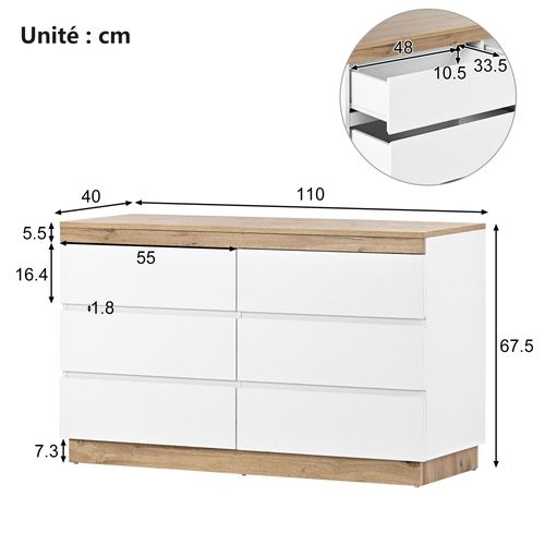 Commode - Meuble De Rangement 6 Tiroirs Spacieux - Design Moderne - Chêne - Blanc