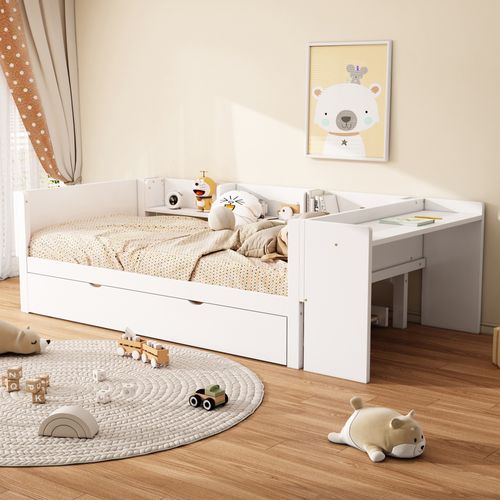 Lit Gigogne 90x200 Cm - Lit Simple Et Enfant Avec Bureau Intégré Et 3 Étagères - Blanc