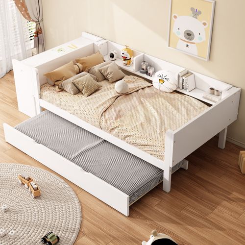 Lit Gigogne 90x200 Cm - Lit Simple Et Enfant Avec Bureau Intégré Et 3 Étagères - Blanc