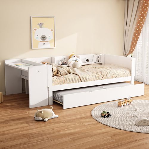 Lit Gigogne 90x200 Cm - Lit Simple Et Enfant Avec Bureau Intégré Et 3 Étagères - Blanc