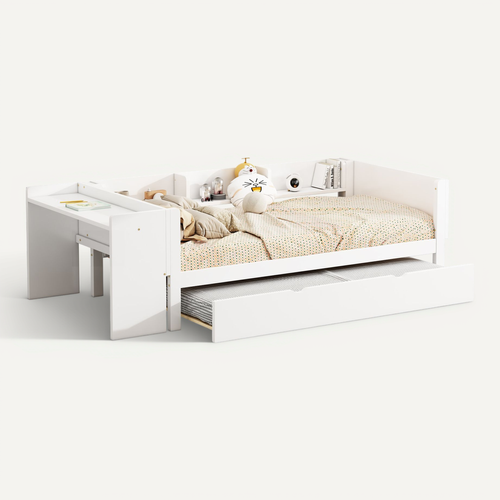 Lit Gigogne 90x200 Cm - Lit Simple Et Enfant Avec Bureau Intégré Et 3 Étagères - Blanc