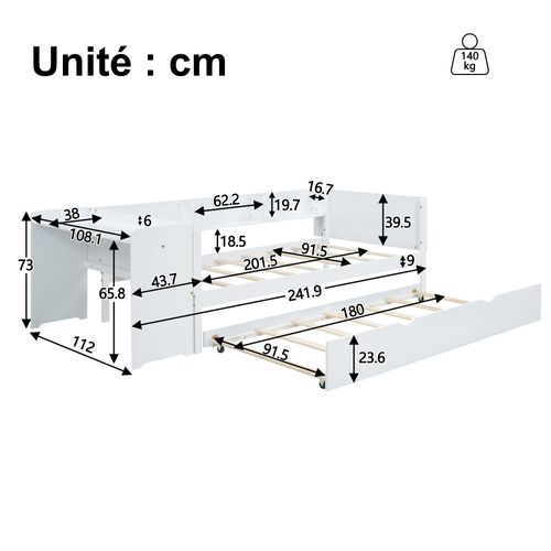 Lit Gigogne 90x200 Cm - Lit Simple Et Enfant Avec Bureau Intégré Et 3 Étagères - Blanc