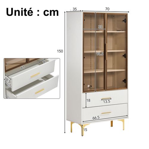 Vitrine Haute - LED - Pieds Dorés - 2 Portes En Verre - 2 Tiroirs - Moderne - Blanc