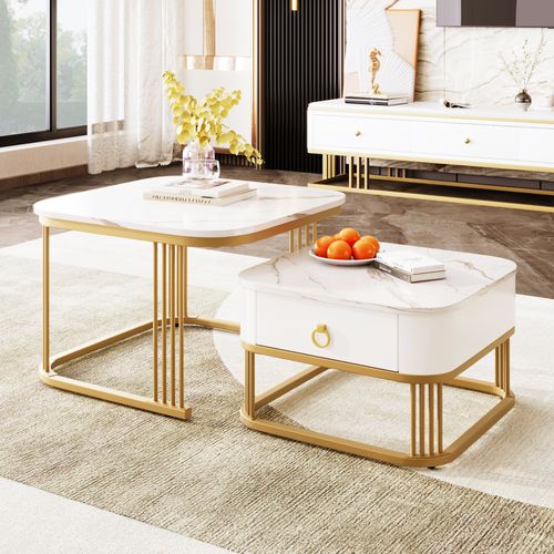 Table Basse Gigogne 2 Pièces Design Moderne - Verre Effet Marbre - Métal Doré - Blanc Et Or