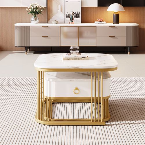 Table Basse Gigogne 2 Pièces Design Moderne - Verre Effet Marbre - Métal Doré - Blanc Et Or