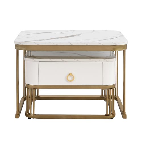 Table Basse Gigogne 2 Pièces Design Moderne - Verre Effet Marbre - Métal Doré - Blanc Et Or