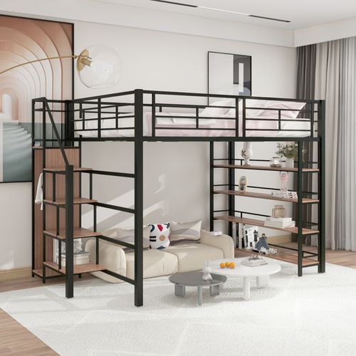Lit Mezzanine 140x200 Cm - Lit Double Avec Escalier Sécurisé - Rangement - Pratique - Noir