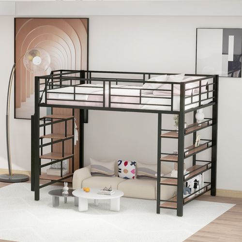 Lit Mezzanine 140x200 Cm - Lit Double Avec Escalier Sécurisé - Rangement - Pratique - Noir
