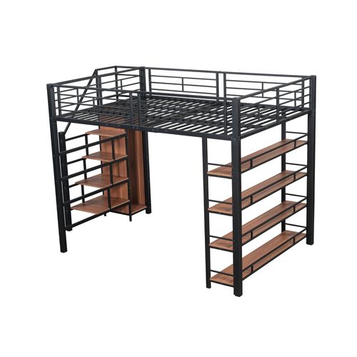 Lit Mezzanine 140x200 Cm - Lit Double Avec Escalier Sécurisé - Rangement - Pratique - Noir